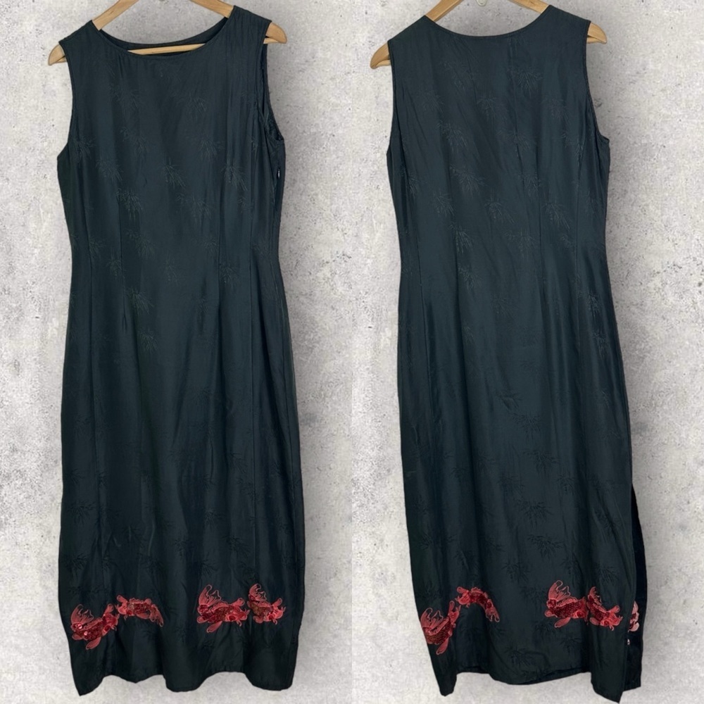 Vintage Citron 100% Silk Black Maxi Dress Fish Embroidery Size Small Side Zipper